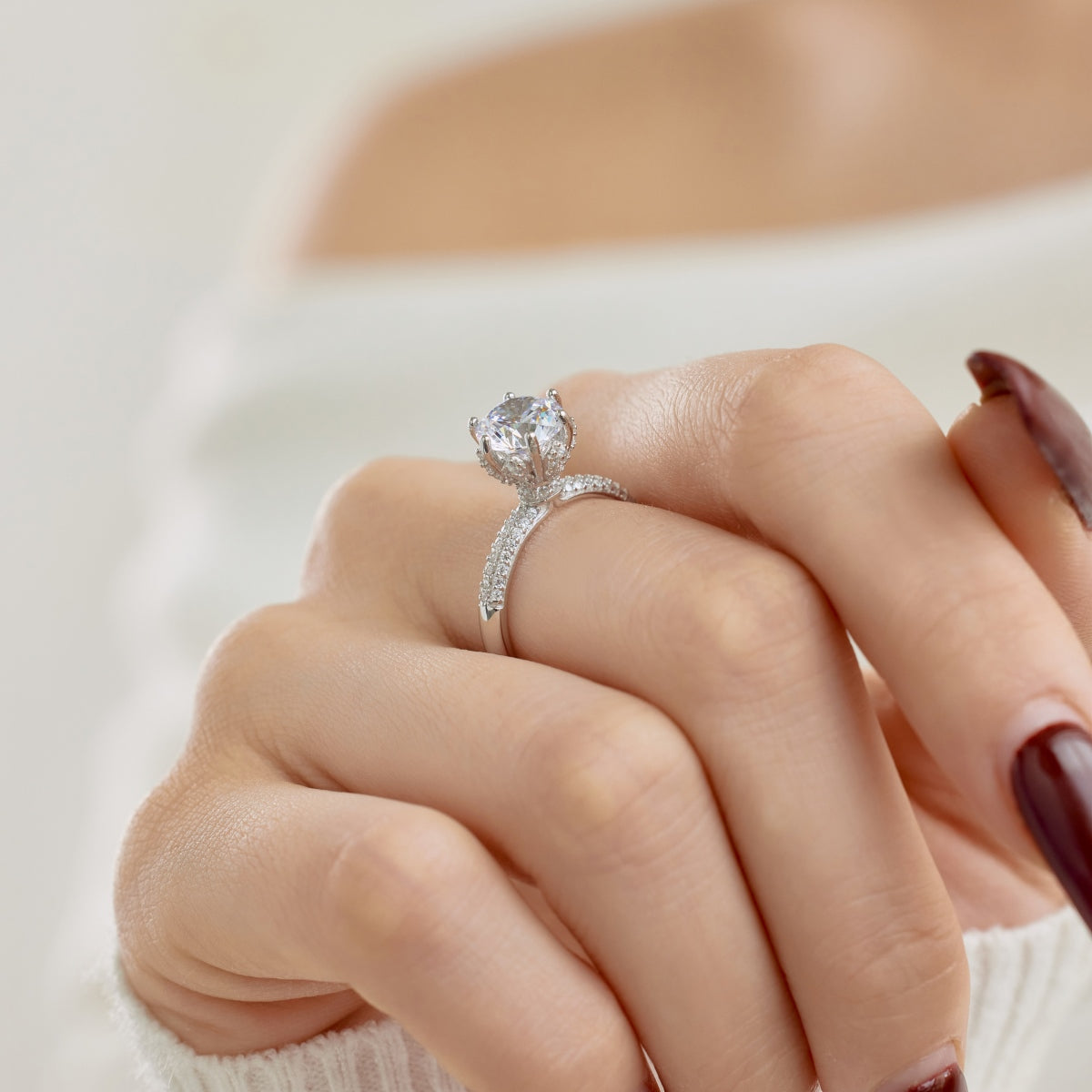 Round Brilliant Cut Diamond Sterling Silver Ring
