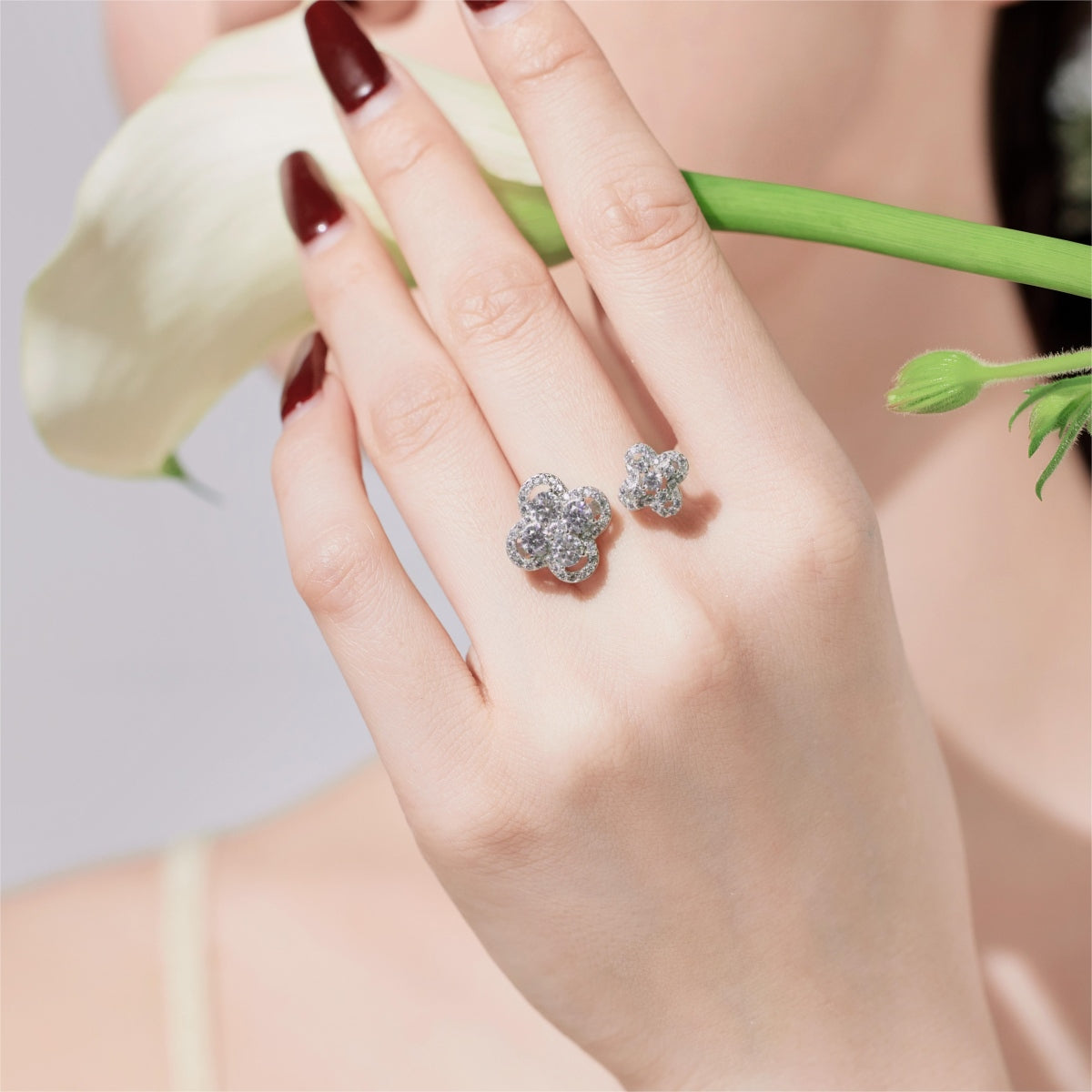 Adjustable Clover Charm Sterling Silver Ring